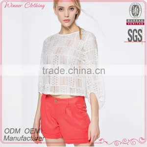Fashion Latest Trendy High Fashion Crochet Fabric Women Transparent Blouse With Half Sleeve thumbnail-1