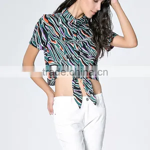 Custom OEM Service Women All Over Printed Swallow Tail Short Sleeve Lady Blouse & Top With Stand Collar thumbnail-2
