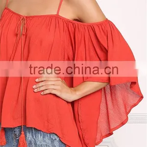 MGOO 2017 New Style Beach Casual Linen Red Blouses Viscose Tie Up Tunic Loose Style Fashion Off Shoulders thumbnail-4