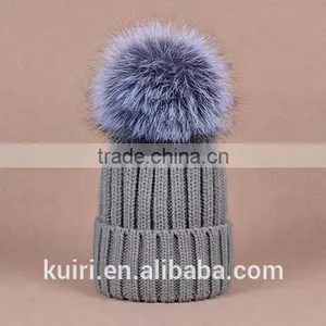 Hot Selling Beanie Hat With Snap and Big Size Silver Fox Fur Ball on Top thumbnail-2