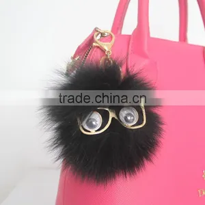 Myfur Cute Metal Glasses Decorative Real Fox Fur Pom Poms Keychain For Bag Charm thumbnail-2
