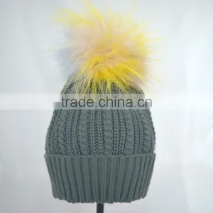 Myfur Grey Color Winter Striped Knitting Cap With Customized Big Fur Pom Pom thumbnail-3