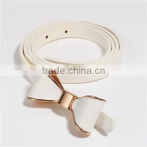 PU Leather Belt Waistband Bowknot Gold Plated White Adjustable thumbnail-1