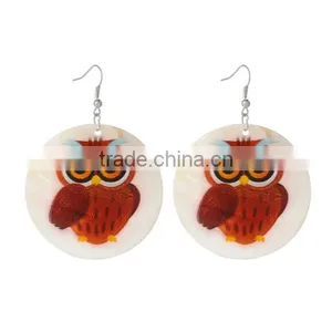 Silver Tone Hook Round Dark Red Halloween Owl Pattern Fashion Shell Dangle Earrings 7.1cmx5cm thumbnail-1