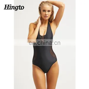 OEM Female Swimming Wear Backless Mesh Swimsuit One Piece Black thumbnail-1