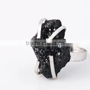 Natural Real Rough Drusy Black Agate Crystal Amethyst Rings Gemstone Ring With Adjustable Metal Women Finger Jewelry thumbnail-6