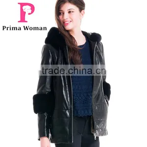 2016 New Design Winter Women Short Leather Coat With Rex Rabbit Hat Detachable Sleeveit Overcoat thumbnail-1
