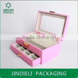 Pink Beautiful Fashion Leather Wooden Drawer Jewelry Box With Pvc Window thumbnail-1