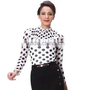 Garment Factory Office Lady Dot Printed Long Sleeve Blouse Tops thumbnail-4
