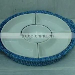 Blue Rattan and Ceramic Cande Holder thumbnail-1