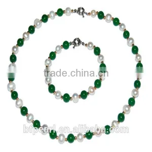 8mm Malaysia Jade & Pearls Necklace With Bracelet Jewelry Set thumbnail-1