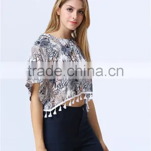 New Print Leaf Print Fashion Crop Tops With Tassels Hem for Women thumbnail-3