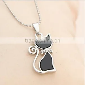 Fashion Jewelry 2016 Alloy Silver Crystal Enamel Black Cute Cat Necklace thumbnail-2