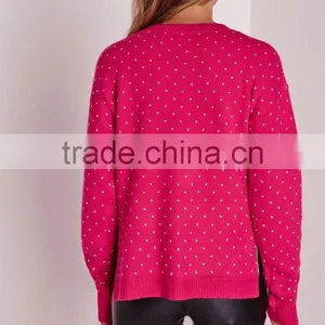 MGOO Custom Design Ladies Christmas Sweater Knitwear Women Diy Crop Jumper With Split Side Pink thumbnail-2