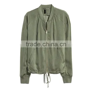 Khaki Green Soft Ribbed Collar Zip Bomber Jacket Womens Thin Coats and Jackets thumbnail-4