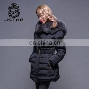 Cheap Black Waist Fed Down Feather Fur Collar Coat thumbnail-2
