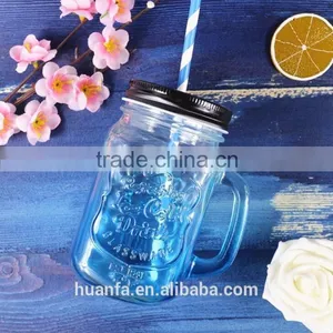 Hot Selling Products of Glass Drink Pump Lid 480ml Colorful Glass Mason Jar With Handles Wholesale thumbnail-3