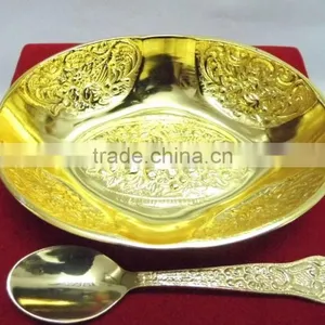 Promotional Gift, Corporate Gift, Beautiful Wedding Gift Gold Plated Brass Bowl Spoon Set thumbnail-2