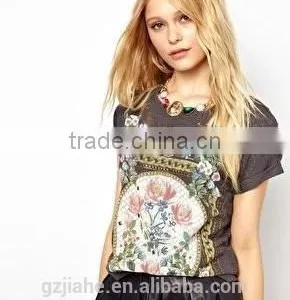 Spring Summer New Fashion Women T Shirt Royal Wind Flower Print O-Neck Short-Sleeve Roll Up Hem Cotton T-Shirts Clothing thumbnail-2