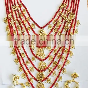 7 Line Ruby Red Bridal KUNDAN GOLD PLATED Necklace DANGLER EARRING Set thumbnail-1
