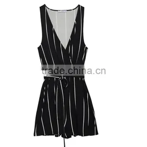 2017 Hot Sale V-neck Short Women Cotton Striped Jumpsuit thumbnail-6