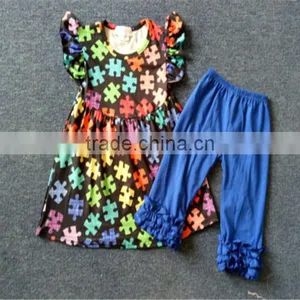 2017 Bulk Wholesale Kids Clothing Back to School Outfits Children Long Frocks Designs Blue Color Sleeveless Clothes Sets thumbnail-1