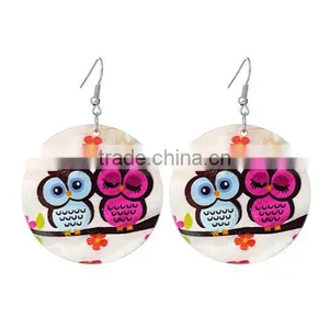 Silver Tone Hook Round Blue & Fuchsia Halloween Owl Pattern Fashion Shell Dangle Earrings 6.5cmx4.5cm thumbnail-1