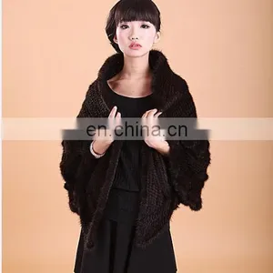 Fashion Knit Shawl Real Mink Fur Knitted Phocho Fur Shawl Women Winter thumbnail-1