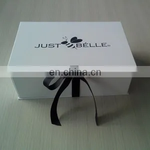 Large Size Folding White Cardboard Boxes Flat Pack With Logo Black Stamping Ribbon Closure For Handbag Luxury Packing thumbnail-1