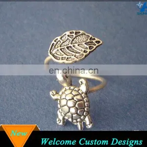 Fashion Jewelry Statement Silver Animal Turtle Adjustable Rings With A Leaf thumbnail-1