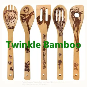Bamboo Utensil Set Burned/ Halloween Kitchen Tool,Christmas Cooking Utensil Set Engraved Spoon Set thumbnail-1