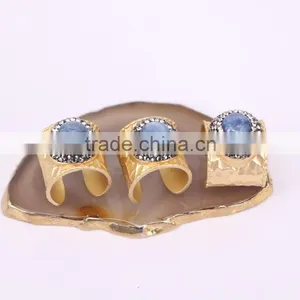Natural Blue Agate Druzy Stone Rings, Gold Plated Gold Ping Brass Druzy Agate Ring, Charm Gem Stone Jewelry Finger Druzy Ring thumbnail-1