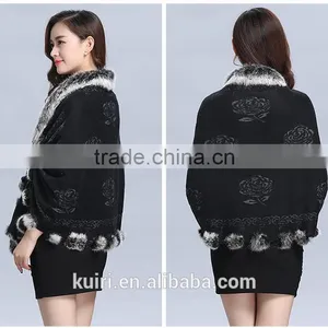 2016 New Design Woman Knitted Shawls With Rex Rabbit Fur Poms Figure Lady Cappa thumbnail-5
