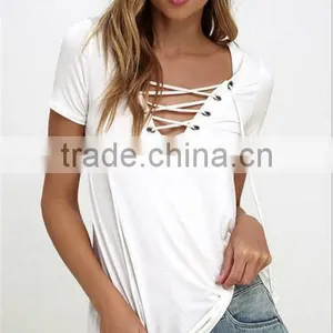 2017 Summer Europe and the United States V Collar Solid Color Tie Female T Shirt Shirt thumbnail-3