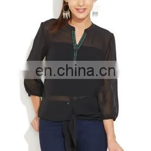 Sexy Trendy High Fashion Stylish Black Chiffon 3/4 Sleeve Embroidered Neck Detailing In Front Top Tunic Blouse Dress For Women thumbnail-1