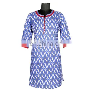 BLUE LEAVE PRINTED LATEST PATTERN WITH RED PATTI ON NECK 100% COTTON thumbnail-2