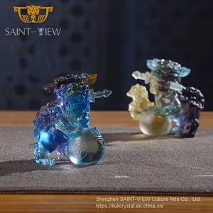 Fengshui Wholesale Crystal Liuli Pair Auspicious Lions Mini Statues Wedding Gift thumbnail-1