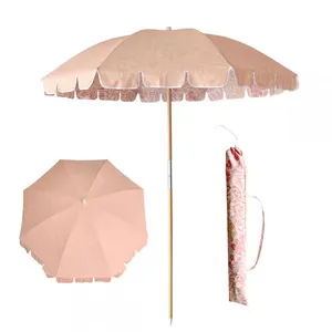 Wholesale 7FT Fringe Beach Umbrellas Outdoor Patio Umbrella With UPF50+ UV Protection OEM Customized Striped Polyester thumbnail-1