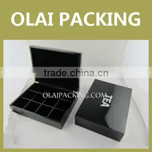Beautiful Black Glossy Wooden Tea Gift Caddy With 12 Cells for Tea Packaging thumbnail-1