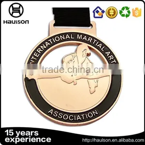 Wholesale Custom Hollow Out Stamping Soft Enamel Iron Zinc Alloy Antique Gold Plated Martial Sport Medal With Ribbon thumbnail-1