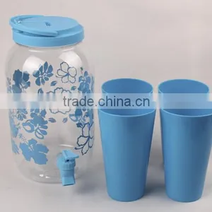 Wholesale Hot Sell Plastic Blue Beverage Dispenser Juice Jar Whit One Bibcocks With Four Cups for Store Beverage thumbnail-6