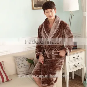 100% Polyester Embossed Powder Plush Fleece Men's Bathrobe, Nightie Gown thumbnail-1
