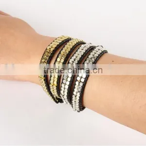 Handmade Small Cooper Beads Wraps Leather Bracelets Mens Halloween Metal Beads Leather Braid Bracelets for 2016 Promotional Gift thumbnail-1