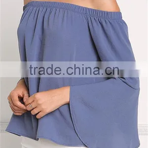MGOO New Custom Designs Plain Blue Blouses Off Shoulder Long Sleeves Flare Opening Fashion Viscose Blouses thumbnail-6