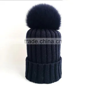 Myfur Navy Color Adult Wholesale Knit Hat With Dyed Fox Fur Ball thumbnail-1