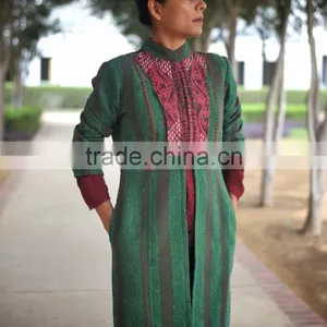 Vintage Kantha Long Jacket in Beautiful Viridian Green and Dull Red ~ Small thumbnail-2