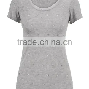 Plain Gray Stylish O Neck Short Sleeves Women Beads Rhinestone T Shirt 2015 thumbnail-1