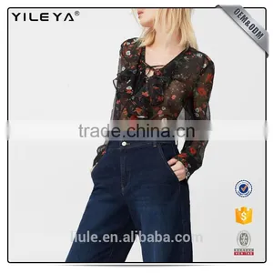 2017 Women Fashion Ruffle Blouses Custom Floral Printing Women Tops thumbnail-2