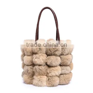 100% Real Rabbit Woman Bucket Handbag Rabbit Fur Ball Ladies Shoulder Bag thumbnail-6