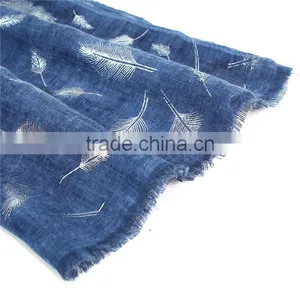 Cotton Polyester Blend Scarves & Wraps Rectangle Silver Blue Feather Scarf Wholesale thumbnail-2